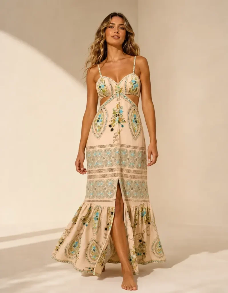 Vestido Feminino Com Fenda Estampa Floral Classico Elegante