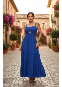 Vestido Longo Feminino Viscose E Crepe Com Bojo Moda Casual