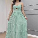 Vestido Longo Feminino Viscose E Crepe Com Bojo Moda Casual