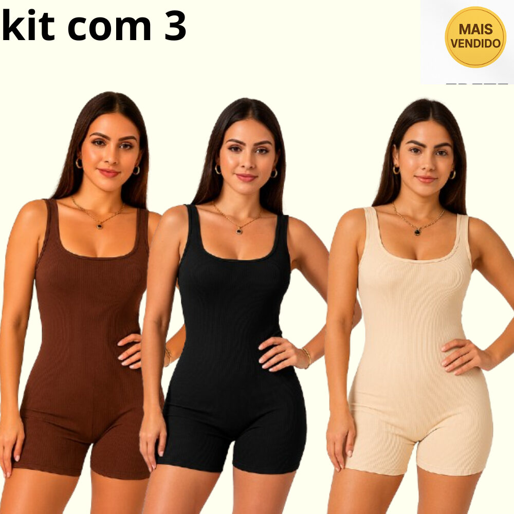Kit 3 Macaquinho Feminino Academia Canelado Ribana Versátil Estiloso